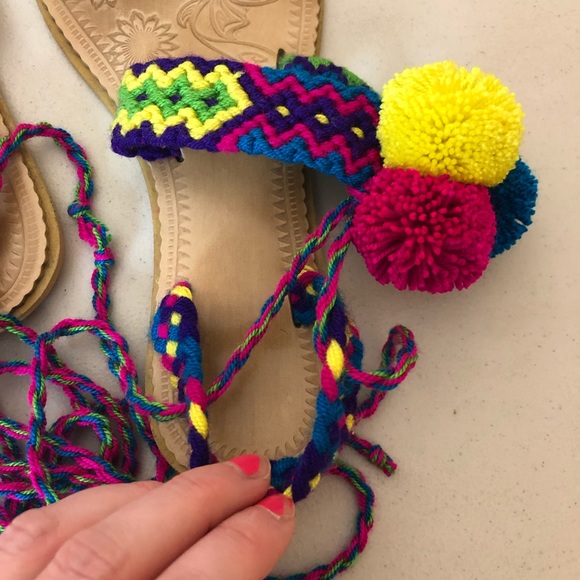 Katico Crochet Tie Up Pom Pom Sandals Pink Blue 6 - Picture 3 of 4